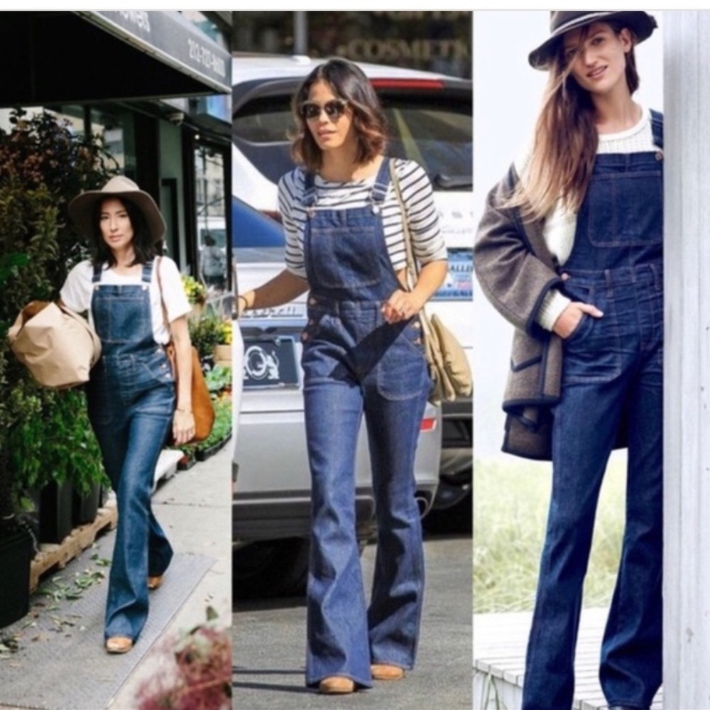 Madewell Women Wide Leg Denim Overalls‎ Size 2 Dark Wash Bell Bottoms Retro Boho